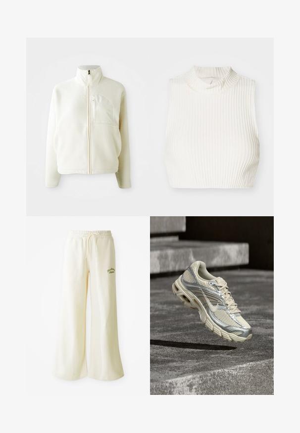 Hvid fleecejakke med høj krave, fuld lynlås og en brystlomme. Blød tekstur og afslappet design.; Hvid ribbet ærmeløs cropped top med høj hals og subtil knapdetalje ved kraven, lavet af et glat, strækbart stof.; Cremefarvede sweatpants med vide ben, elastisk talje og justerbar snor. Broderet grønt "Athletic" tekst foran. Blødt materiale.; Beige og sølv Nike løbesko med mesh og snøredetaljer, svævende over betontrin.