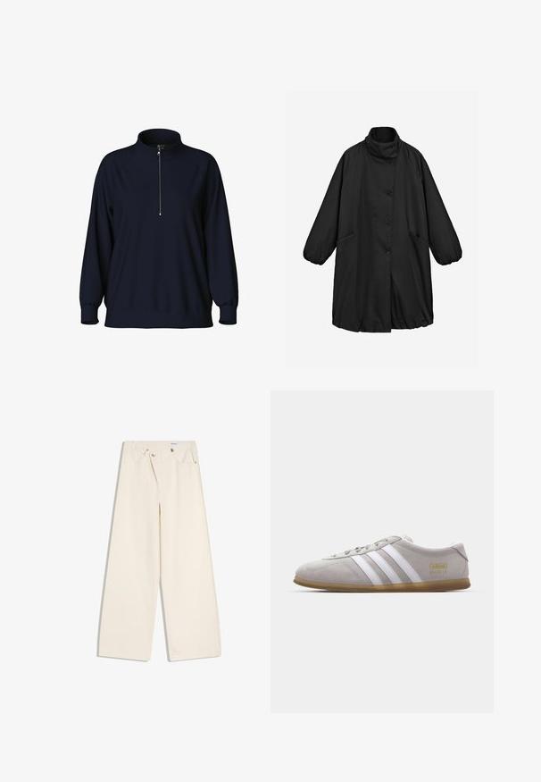 Sort lang knapjakke med høj krave, lange ærmer med elastiske manchetter og to forlommer, vist mod en ensfarvet baggrund.; Marineblå pullover sweatshirt med høj krave, halv lynlås foran og raglanærmer. Blødt stof med en afslappet pasform og ribbede manchetter.; Off-white bukser med vidde i benene, foranlommer, bærestropper og sølvknapper på linningen og lommekanter.; Grå suedestøvle med hvide læderstriber og guldlogo-detalje. Flad gummisål, rund tå og klassisk snølukkedesign.