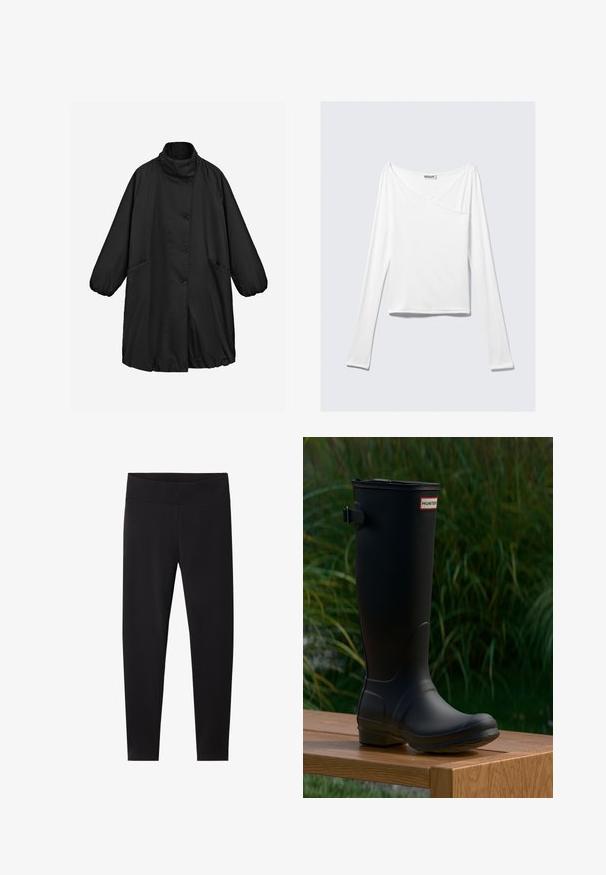 Manteau long noir boutonné avec col haut, manches longues avec poignets élastiqués et deux poches avant, présenté sur un fond uni.; Haut blanc à manches longues avec un design croisé et une poche. Fabriqué dans un tissu lisse et extensible. Coupé dans une coupe décontractée et ample.; Leggings noirs avec une large ceinture élastique. Fabriqués dans un matériau lisse et extensible, ajustés pour une silhouette cintrée et sans motifs visibles.; Botte en caoutchouc noire montante avec un bout arrondi, un léger talon et une sangle à boucle. Présente le logo "HUNTER" à l'avant.