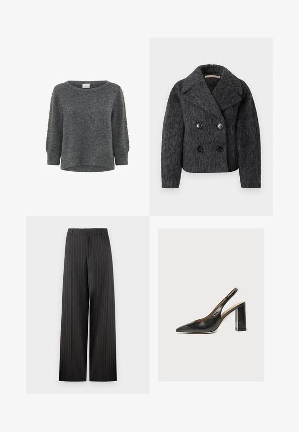 Dobbeltbrystet grå uldfrakke med notched krave, der har to store sorte knapper og en tekstureret overflade.; Kaffe KABETTY - Striktrøje - grey melange; Copenhagen Muse TAILOR PANTS - Bukser - black/red pear; Sort læder kvindesko med slingback, spids tå og tyk blokhøj hæl på hvid baggrund.