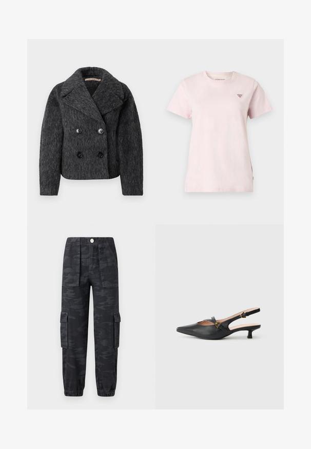 Grijs wollen dubbelejas met een ingezette kraag, voorzien van twee grote zwarte knopen en een gestructureerde afwerking.; Lichtroze T-shirt met korte mouwen en ronde hals, met een klein driehoekig rood-wit Guess Jeans-logo op de linkerbovenkant van de borst.; Cargo broek in een donker camouflagepatroon, met een elastische tailleband, zijzakken en boorden aan de onderkant. Gemaakt van duurzaam materiaal.; Zwarte leren slingback pump met puntige neus, kleine hak, open ontwerp en goudkleurige gespdetail op het bandje.