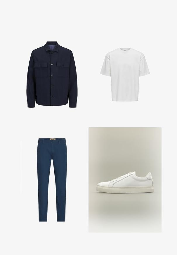 Donkerblauwe jas met een kraag, sluiting met knopen aan de voorkant en twee borstzakken. Gemaakt van een gestructureerd materiaal met een effen patroon.; Witte t-shirt met korte mouwen van katoen, met een ronde hals, een losse pasvorm en een gladde textuur zonder zichtbare patronen of accenten.; Marineblauwe slim-fit herenbroek met riemlussen, sluiting met knoop aan de voorkant en zijzakken, tentoongesteld tegen een witte achtergrond.; Witte lage sneaker met veters aan de voorkant en dikke zool, zijaanzicht tegen een neutrale achtergrond.