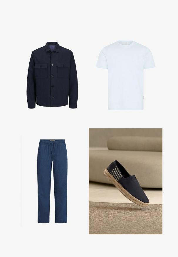 Veste bleu marine avec un col, fermeture à boutons sur le devant et deux poches poitrine. Fabriquée à partir d'un matériau texturé avec un motif uni.; T-shirt léger bleu clair à manches courtes avec un col rond et une petite étiquette de marque sur la couture latérale gauche.; Pantalon en lin bleu marine avec une taille élastique, un cordon de serrage et une coupe droite. Texture lisse, sans motifs ni accents visibles.; Espadrille noire à enfiler avec semelle en corde beige et côtés en tissu rayé, posée au-dessus d'un sol en moquette beige et d'un fond de canapé.