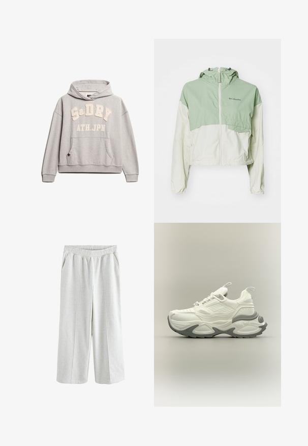 Columbia SPIRE VALLEY WINDBREAKER - Windbreakers - safari/dark stone; Superdry & Co ATHLETIC ESSENTIALS - Hættetrøje - grey marl; Lysegrå bukser med vidde ben, elastisk talje og sidelommer, med syede lodrette sømme på hvert ben.; Hvid og grå chunky sneaker med tekstureret sål, trækflapper på tunge og hæl samt detaljeret paneldesign på overdelen.