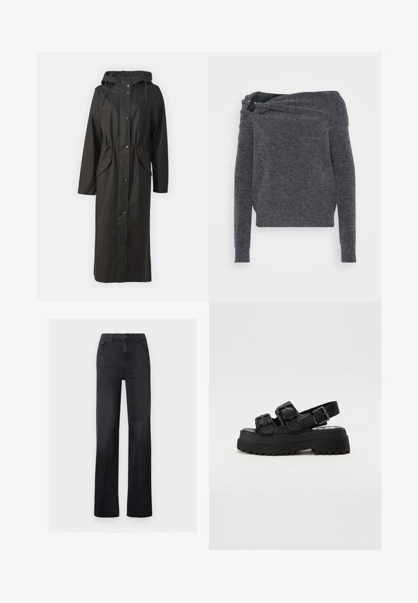 Vero Moda Tall VMMALOU LONG COATED JACKET - Veekindel jope - black; Hallitatud hall särk, millel on õlavarretelt avatud disain, pikad varrukad ja tekstureeritud pind. Ainulaadne keerdumisdetail kaela ümber.; Mustmustest musta teksasest sirge jalgadega teksapüksid, kõrge vöökoht, viie tasku disain ja nähtavad õmblused. Sile tekstuur, millel on kergelt kulunud viimistlus.; Mustad mustandiga platvormsandaalid, millel on kolm reguleeritavat kinnitust, tekstuuriga tallad ja siledad ülemised osad. Kujundatud kindla ja turske silueti järgi.