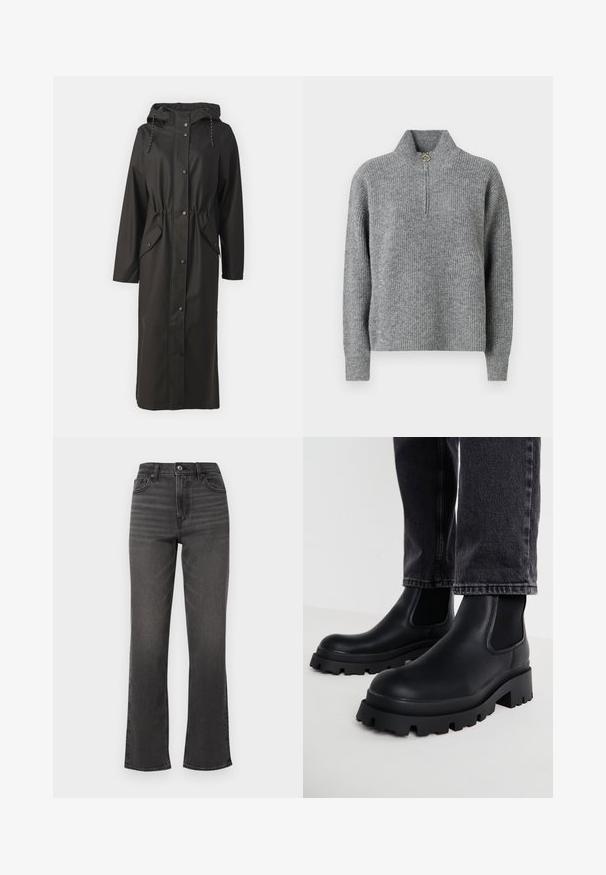 Vero Moda Tall VMMALOU LONG COATED JACKET - Vodotesná bunda - black; Šedý pletený sveter s vysokým golierom, polovičným zipsom, rebrovanou textúrou a dlhými rukávmi. Obsahuje okrúhly zlatý akcent na zips.; Džíny s vysokým pásom, rovné nohavice z tmavo šedej džínoviny s miernym zosvetlením, predné vrecká a jediné gombíkové zapínanie. Čistý, minimalistický dizajn.; Čierne členkové čižmy s masívnou podrážkou, vyrobené z hladkej kože, s elastickými bočnými panelmi a blokovým opätkom, skombinované s tmavými džínsami.