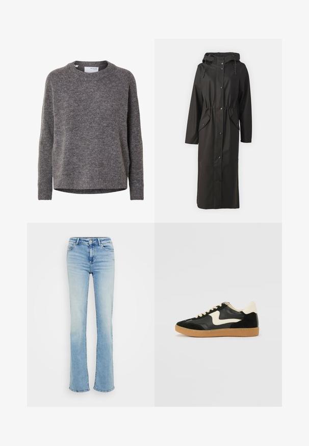 Vero Moda Tall VMMALOU LONG COATED JACKET - Regenjas - black; Damesgrijze wollen trui met lange mouwen, ronde hals, geribde manchetten en zoom, gelabeld Selected Femme.; ONLY Tall ONLBLUSH MID - Straight leg jeans - light blue denim; Zwarte suède en leren sneaker met een crèmekleurige zij-swoosh en lichte crèmekleurige hiel. Voorzien van beige veters en een gumrubberen zool.