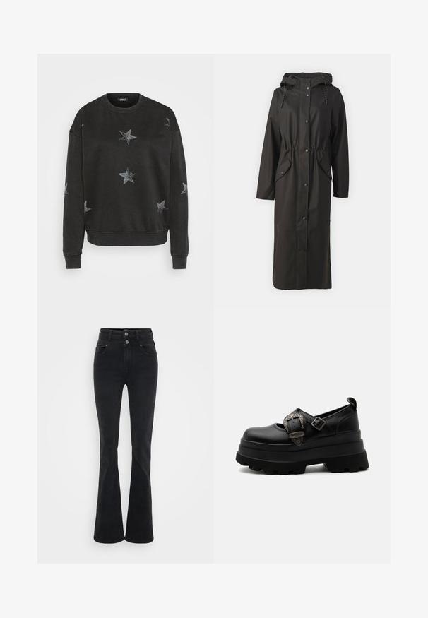 Vero Moda Tall VMMALOU LONG COATED JACKET - Vodotesná bunda - black; Čierna mikina so striebornými hviezdami, okrúhlym výstrihom a rebrovanými manžetami. Vyrobená z jemného textilu s voľným strihom.; Čierne rozšírené džínsy vyrobené z denimu, s vysokým pásom, dvoma gombíkmi a prednými vreckami. Tkanina má hladkú textúru s miernym elastickým efektem.; Čierne robustné platformové topánky Mary Jane s hrubou zubatou podrážkou, dekoratívnou striebornou prackou a nastaviteľným remienkom na jednoduchom bielom pozadí.