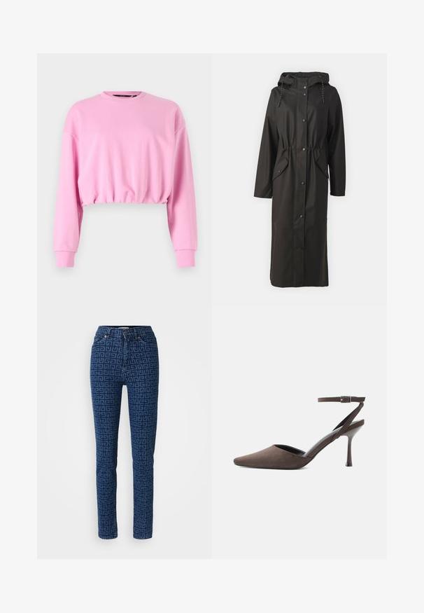 Vero Moda Tall VMMALOU LONG COATED JACKET - Vodotesná bunda - black; Ružový skrátený sveter s dlhými rukávmi, okrúhlym výstrihom a elastickým lemom. Hladká textúra, neformálny dizajn vhodný na vrstvené outfity.; Tmavomodré džínsy s geometrickým vzorom. Štandardný dizajn s piatimi vreckami, mosadznými nitmi a gombíkovým zapínaním.; Hnedá semišová vysoká podpätková topánka so zašpicatenou špičkou, tenkým remienkom okolo členka a striebornou prackou na bielom pozadí.