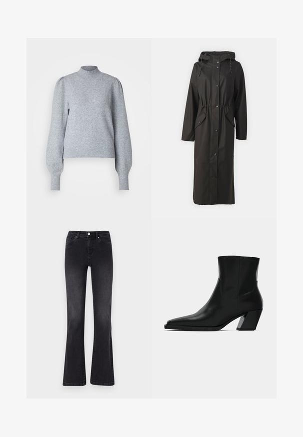 Vero Moda Tall VMMALOU LONG COATED JACKET - Vodotesná bunda - black; Svetlý šedý pulóver s vysokým golierom, dlhými vyklenutými rukávmi a rebrovanými manžetami a lemom. Vyrobený z mäkkej, textúrovanej látky.; Čierne rozšírené džínsy vyrobené z denimu, s uzáverom na gombík, piatimi vreckami a jemným vyblednutím. Šité detaily pozdĺž švov.; Čierna kožená členková topánka s špicatou špičkou, elegantným siluetou a masívnym štvorecovým podpätkom. Hladký povrch s minimálnymi švovými detailmi.
