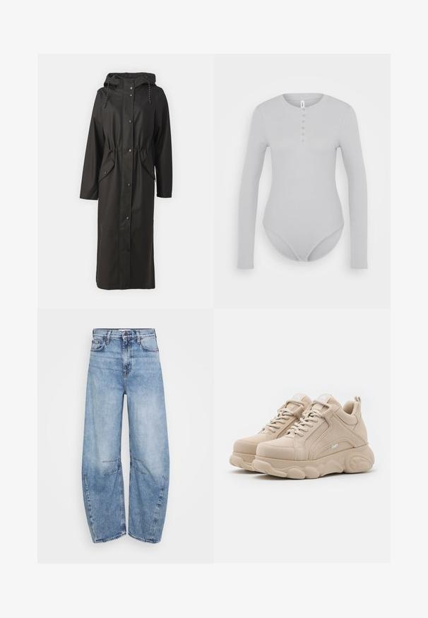 Vero Moda Tall VMMALOU LONG COATED JACKET - Vodotesná bunda - black; ONLY ONLCARI BODY - Top s dlhým rukávom - ultimate grey; Svetlomodré riflové široké nohavice s vysokým pásom, s viditeľným šitím a hladkou textúrou. Vybrané blednutie pridáva detail.; Pár béžových masívnych tenisiek s hrubými podrážkami, šnurovaním vpredu, prešitými detailmi a polstrovaným golierom na bielom pozadí.