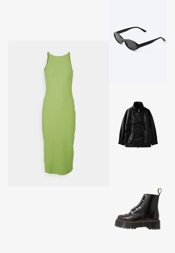 Veste en cuir noire avec col montant, fermeture croisée à boutons, poches avant, et ourlet et poignets élastiqués.; Robe débardeur en tricot de couleur vert vif avec une texture côtelée, dotée d'un col rond et d'une silhouette ajustée, arrivant au milieu du mollet.; Dr. Martens SINCLAIR - Bottines à plateau - cherry red arcadia; Lunettes de soleil ovales noires et élégantes avec des verres foncés et des branches droites, posées sur une surface blanche.