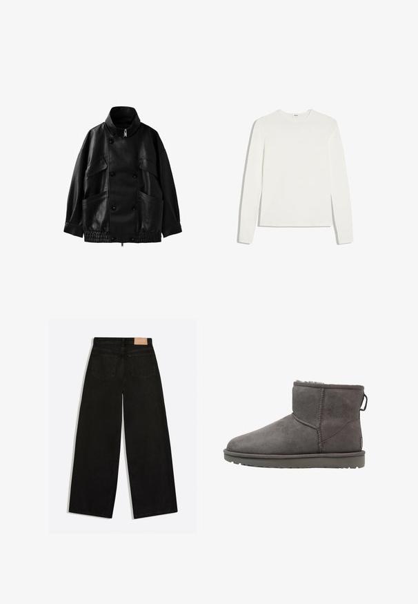Zwarte leren jas met hoge kraag, dubbele knoopsluiting, voorzakken en een elastische zoom en manchetten.; Effen wit shirt met lange mouwen en ronde hals, slim fit, plat gelegd op een witte achtergrond.; Zwarte jeans met wijde pijpen, van achteren gezien met twee achterzakken en een bruin leren merkpatch op de tailleband.; Grijze suede enkellaars met een ronde neus, een voering van schapenvacht en een platte rubberen zool. Kenmerkt zich door een logo-tag en gestikte naden.