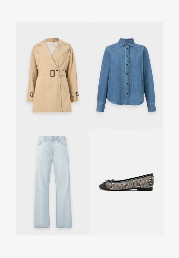 Beige trenchcoat med bælte, brede revers, lange ærmer og spænde-detaljer på manchetter og talje mod hvid baggrund.; Langærmet blå denimskjorte med krave og sorte knapper, let buet kant, lagt fladt på en hvid baggrund.; Lyseblå denimjeans med høj talje, vidde ben-design og subtil falming. Har klassisk fem-lommes styling og tonale syninger.; Flad balletsko med sort tåhætte, sløjfedetalje og gråt kropsmateriale med slangeprint, vist mod en hvid baggrund.
