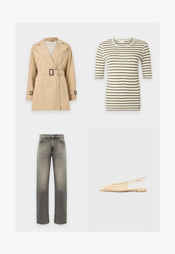 Beige trenchcoat med bælte, brede revers, lange ærmer og spænde-detaljer på manchetter og talje mod hvid baggrund.; Kortærmet skjorte med olivengrønne og hvide vandrette striber samt rund halsudskæring på en ensfarvet baggrund.; Grå denimjeans med lige ben, der har et falmet mønster, fem lommer og stikninger langs sømme og talje.; Slingback fladsko i lys beige med en mesh-overdel, spids tå og en lav hæl. Har en justerbar strop for bedre pasform.