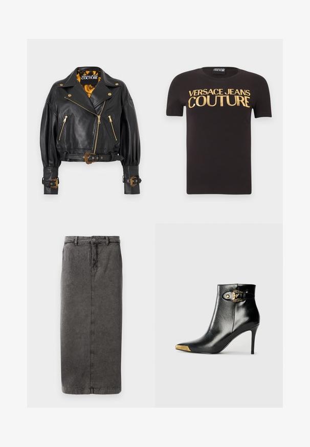 Sort læder cropped bikerjakke med gulddetaljer, dekorative spænder, lynlås foran og mønstret gul-sort for.; Sort kortærmet t-shirt med "Versace Jeans Couture" skrevet med store guld bogstaver på brystet, rund halsudskæring og stofmærke indeni.; Grå, bomuldsblandet nederdel med en lige silhuet, knap- og lynlåslukning, bæltestropper og en enkelt baglomme.; Sort ankelstøvle lavet af skinnende læder med spids tå, stilet hæl og guldfarvet hardware med en dekorativ spænde-detalje.