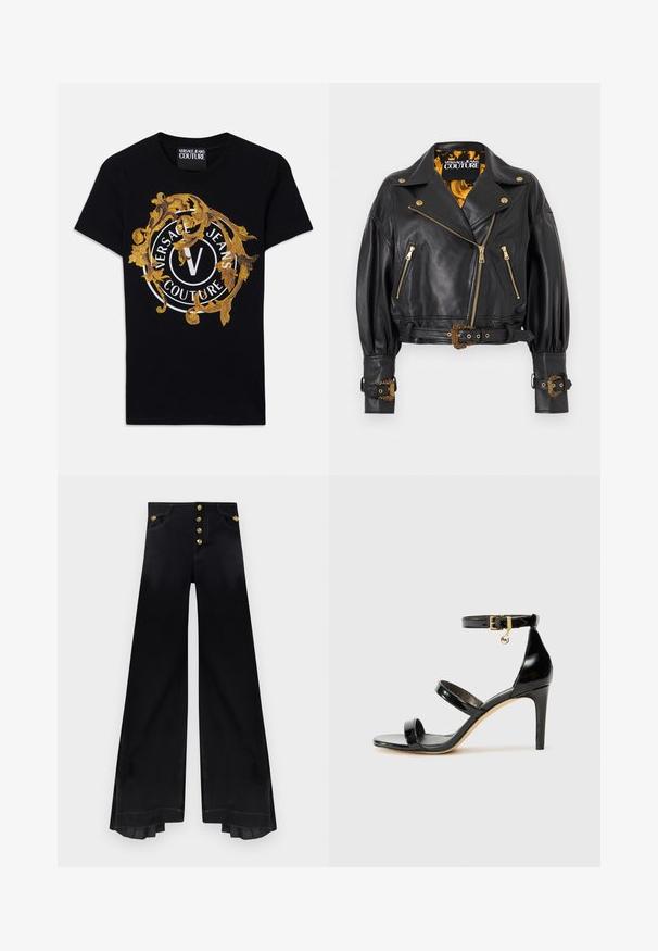 Sort læder cropped bikerjakke med gulddetaljer, dekorative spænder, lynlås foran og mønstret gul-sort for.; Sort kortærmet Versace Jeans Couture t-shirt med guld barokdesign og en hvid cirkulær logo centreret på fronten.; Højtaljede sorte bukser med vide ben, fem guldknapper og plisserede detaljer inde i kanten.; Sorte patenterede lædersandaler med tre stropper, ankelspænde og 10 cm stiletthæl. Har detaljer i guld og et logo charms.