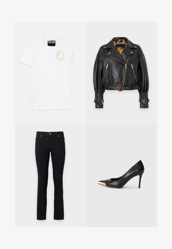 Μαύρο cropped μπουφάν biker από δέρμα με χρυσά μεταλλικά στοιχεία, διακοσμητικές αγκράφες, φερμουάρ στο μπροστινό μέρος και επένδυση με κίτρινο-μαύρο σχέδιο.; Λευκό βαμβακερό t-shirt με κοντά μανίκια και στρογγυλή λαιμόκοψη. Διαθέτει χρυσό κεντημένο λογότυπο στο στήθος. Απλός και κλασικός σχεδιασμός.; Μαύρα τζιν παντελόνια με κανονική γραμμή, πέντε τσέπες, κούμπωμα με κουμπί και χρυσές λεπτομέρειες. Μαλακή υφή με ελάχιστες κατασκευαστικές λεπτομέρειες.; Μαύρη δερμάτινη γόβα με ψηλό τακούνι και μυτερή μύτη. Διαθέτει μεταλλική χρυσή λεπτομέρεια στο καπάκι της μύτης. Λείο επιφάνεια με κομψό σχέδιο.