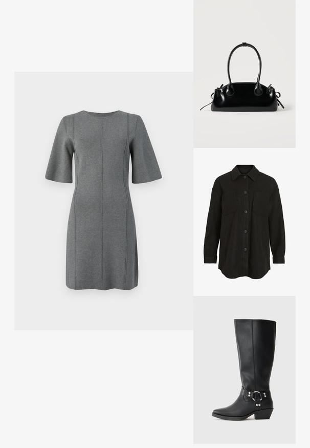 Zwarte button-up jas met een kraag, twee borstzakken en lange mouwen, gemaakt van zachte, gestructureerde stof.; Grijze gebreide jurk met korte uitlopende mouwen, ronde halslijn en verticale naden. Soepele textuur en jurk tot op de knie.; Zwarte leren kniehoge laarzen met een spitse neus, voorzien van een decoratieve enkelband en zilveren hardwareaccenten. Lage, gestapelde hak.; Kleine zwarte glanzende handtas met twee lange hengsels en zijkant trekkoord details op een effen lichte achtergrond.