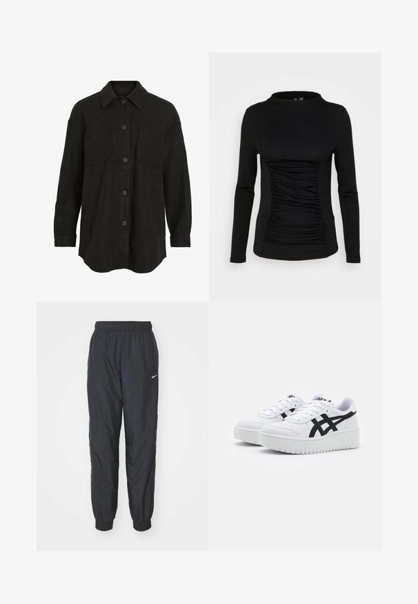 Chaqueta negra de botones con cuello, dos bolsillos en el pecho y mangas largas, hecha de una tela suave y texturizada.; Pieces PCMAXA MOCK NECK - Camiseta de manga larga - black; Pantalones de chándal negros de Nike hechos de un tejido ligero, con una cinturilla y puños elásticos, y un pequeño logo blanco en la pierna izquierda.; Zapatillas blancas con una superficie texturizada, franjas laterales negras y una suela blanca gruesa. Presentan un diseño de cordones y un logo en la lengüeta.