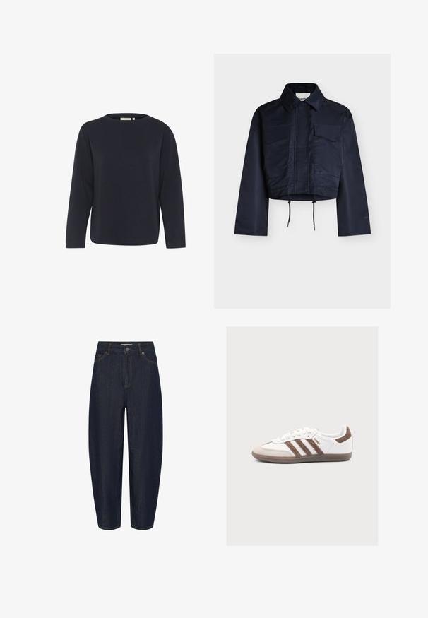 Chaqueta corta azul marino con mangas largas, cuello puntiagudo, dos bolsillos de solapa en el pecho y cordones ajustables en el dobladillo.; Top de manga larga azul marino hecho de una tela suave, con un escote redondo y un ajuste relajado. Diseño minimalista sin patrones o acentos visibles.; Vaqueros de tiro alto azul oscuro, corte recto, con cierre frontal de botón y cremallera, y diseño de cinco bolsillos.; Zapatilla blanca Adidas Samba con franjas de ante marrón, puntera de ante marrón y suela de goma sobre un fondo gris claro.