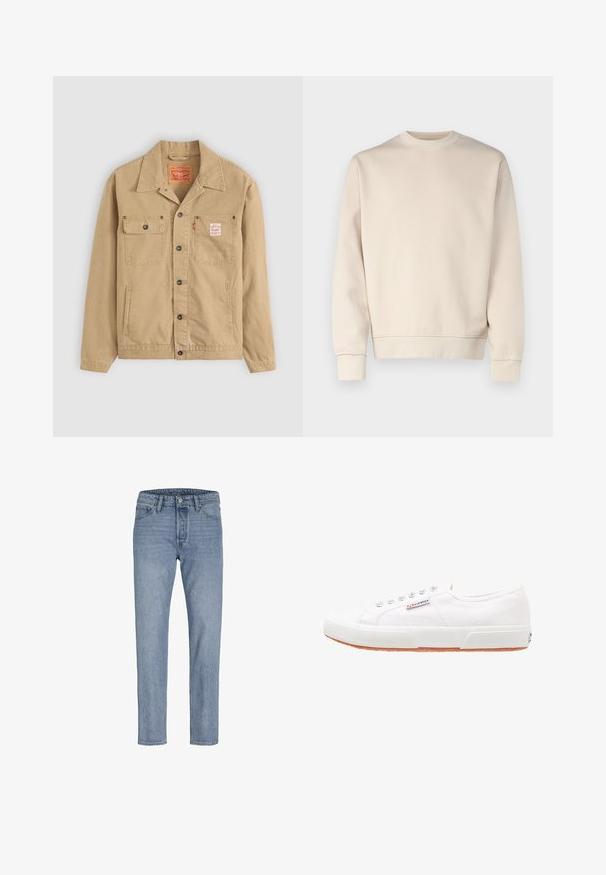 Levi's® Workwear SUNRISE TRUCKER - Let jakke / Sommerjakker - tiger's eye; Lys beige sweatshirt med rund hals, ribbede manchetter og kant. Fremstillet af blødt stof med en glat tekstur. Minimalistisk design uden mønstre.; Lysblå denimbukser med lige ben, fem lomme-design, syninger og knaplukning i taljen.; Hvide kanvas sneakers med gummisål, snørebåndsdesign og et lille logo mærke på siden. Tekstureret hvid overdel og brun ydersål.