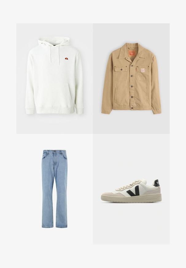 Levi's® Workwear SUNRISE TRUCKER - Suvejakk - tiger's eye; Valge laiguline kapuutsiga särk, millel on ees tasku, reguleeritav nööriga kapuuts ja väike mitmevärviline logo vasakul rinnal.; Hele sinised sirgete säärega teksapüksid ees taskute, vööaasade ja nööpkinnitusega valgel taustal.; Valge ja beež nahast tenniseking musta logoga. Omab nubukaktsente, ümmargust ninaosa, nööridega esiosa ja tekstureeritud kummist tallat.