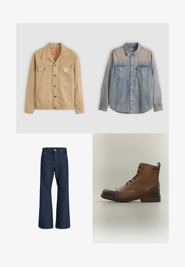 Levi's® Workwear SUNRISE TRUCKER - Let jakke / Sommerjakker - tiger's eye; Lyseblå, falmet denimskjorte med lange ærmer, krave, knaplukning foran og to brystlommer med knapklap.; Mørkeblå højttaljede denimjeans med vide ben, knap- og lynlåslukning foran, bæltestropper samt for- og baglommer.; Brun læderstøvle med snørebånd, sort tåhætte, rund sål og mærket detalje på siden mod ensfarvet baggrund.