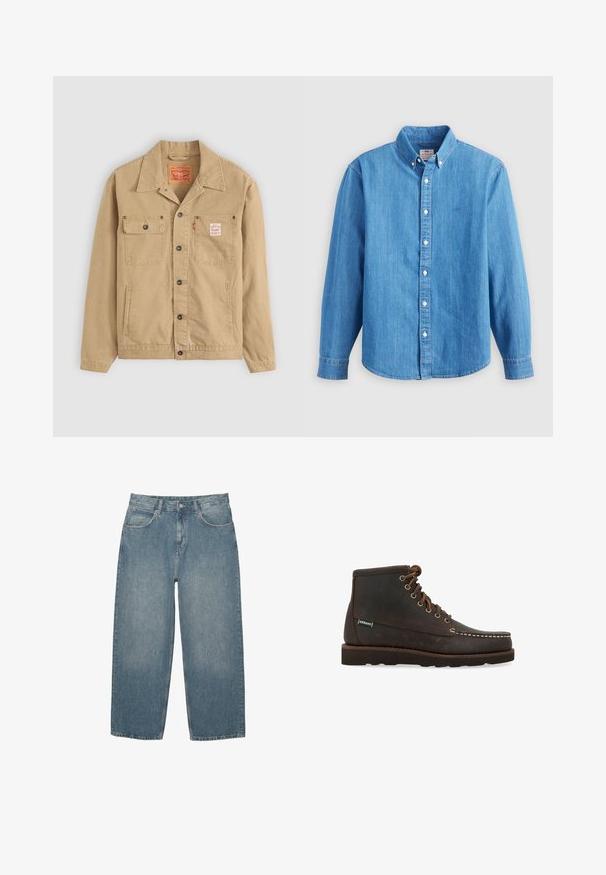 Levi's® Workwear SUNRISE TRUCKER - Lichte jas - tiger's eye; Lichtblauw denim overhemd met lange mouwen, button-down kraag en witte knopen. Heeft een klein geborduurd logo op de borst.; Blauwe high-waisted straight-leg jeans met voorzakken, riemlussen, knoopsluiting en subtiele vervaging op een witte achtergrond.; Sebago Veterboots - marrone