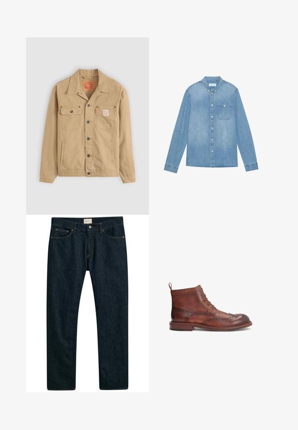 Levi's® Workwear SUNRISE TRUCKER - Καλοκαιρινό μπουφάν - tiger's eye; Ανοιχτό μπλε τζιν πουκάμισο με κουμπιά, μακριά μανίκια, μυτερό γιακά, μία τσέπη στο στήθος και διακριτική φθορά στο ύφασμα.; Σκούρο μπλε τζιν παντελόνι με σχέδιο ίσιου ποδιού, πέντε τσέπες και ραφές σε αντίθεση. Λείο υλικό.; Καφέ δερμάτινη μπότα με διακοσμητική μπουγάτσα, στρογγυλή μύτη, σχέδιο με κορδόνια και χαμηλό χοντρό τακούνι. Περιλαμβάνει πίσω χερούλι.