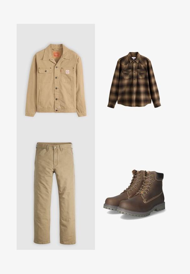 Levi's® Workwear SUNRISE TRUCKER - Lichte jas - tiger's eye; Bruin en zwart geruit overhemd met lange mouwen, kraag, drukknopen aan de voorkant en twee borstflapzakken met knopen.; Kaki katoenen broek met een rechte pijp, voorzakken en een knoopsluiting. Glad textuur en verstevigde naden voor duurzaamheid.; Bruine leren enkellaarsjes met veters, een geveerd kraagje, contrasterende stiksels en een robuuste rubberen zool met grippatronen.