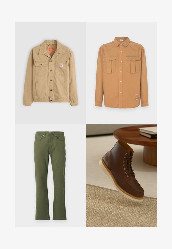 Levi's® Workwear SUNRISE TRUCKER - Suvejakk - tiger's eye; Pruun teksasärk kahe rinnatasku, terava krae, nööpidega esikülg ja kontrastse õmblusega. Omab logomärki ja aasdetaili.; Olive roheline flared teksapüksid, mis on valmistatud puuvillast ja millel on sile tekstuur; sisaldab viit taskut, nööbi kinni panemist ja peeneid õmbluse detaile.; Pruun nahkane pahkluu saabas beeži tallaga tekstuurse beeži vaiba peal, ümmarguse puust laua kõrval, mille peal on kokku pandud raamatud.
