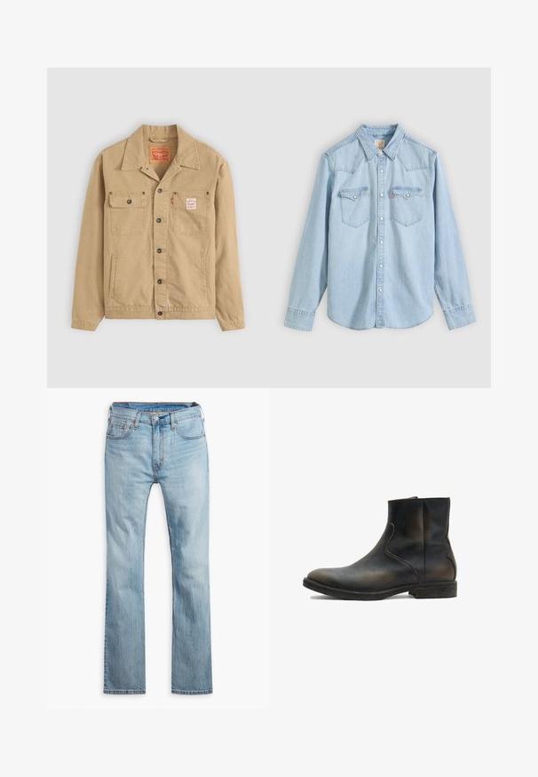 Levi's® Workwear SUNRISE TRUCKER - Leichte Jacke - tiger's eye; Hellblaues Jeanshemd mit langen Ärmeln, durchgehender Knopfleiste, zwei Brusttaschen mit Knopflaschen und spitzem Kragen vor einfarbigem Hintergrund.; Hellblaue Jeans aus Denim, mit geradem Bein, fünf Taschen, kontrastierenden Nähten und einem Knopfverschluss am Bund.; AllSaints LANG - Stiefelette - brown