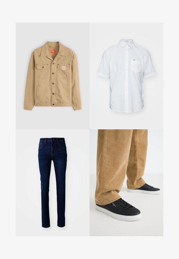 Levi's® Workwear SUNRISE TRUCKER - Let jakke / Sommerjakker - tiger's eye; Hvid kortærmet skjorte lavet af hør, med knapned krave, forlommer og subtile stikninger.; Mørkeblå denimjeans med lige pasform, fem-lomme design og diskret syning. Stoffet har en glat tekstur.; Sorte lædersneakers med hvide gummisåler. Båret med tanfarvede corduroybukser med vertikale ribber og en afslappet pasform.