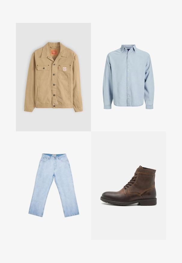Levi's® Workwear SUNRISE TRUCKER - Letná bunda - tiger's eye; Svetlomodrá košeľa na gombíky z jemnej denimovej látky. Má golier, dlhé rukávy a rovný lem. Päť gombíkov na prednej strane.; Svetlomodré rifle s vysokým pásom a rovnými nohavicami, predné vrecká, pútka na opasok, zapínanie na gombík a značková vnútorná etiketa v páse.; Jack & Jones JFWDELANEY BOOT - Členkové šnurovacie čižmy - cognac