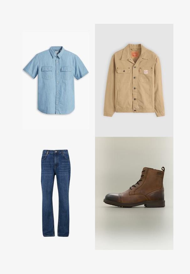 Levi's® Workwear SUNRISE TRUCKER - Veste légère - tiger's eye; Chemise à manches courtes bleu clair, en denim, avec deux poches poitrine à couture verticale et un col classique.; Jeans en denim bleu foncé avec une coupe droite, dotés de poches avant, de passants de ceinture et d'une fermeture à glissière avec bouton.; Botte cheville en cuir marron à lacets avec bout noir, semelle ronde et détail de marque sur le côté sur fond uni.