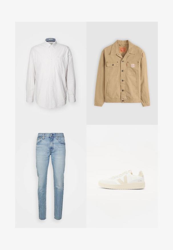 Levi's® Workwear SUNRISE TRUCKER - Kevyt takki - tiger's eye; Vaaleanvärinen pitkähihainen paita, jossa on ohuita pystyraitoja. Sisältää napillisen kauluksen ja rintataskun. Valmistettu teksturoidusta kankaasta.; Levi's® 512® SLIM TAPER LO BALL - Slim fit -farkut - z2203 light indigo worn in; Valkoiset juoksukengät beige-vivahteilla, joissa on teksturoitu päällinen, pyöreä kärki ja paksu kumipohja. Suunnittelussa on ikoninen V-logo ja brändäys.