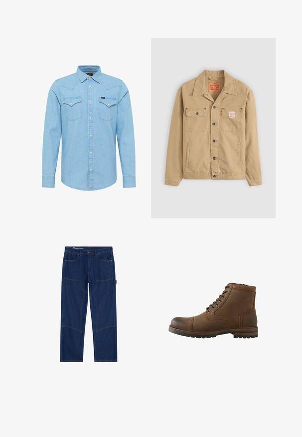 Levi's® Workwear SUNRISE TRUCKER - Leichte Jacke - tiger's eye; Hellblaue Jeans-Hemd mit langen Ärmeln, Knopfleiste, zwei knopfbaren Brusttaschen, spitzem Kragen und kleinem Lee-Logo auf der linken Tasche.; Dunkelblaue, gerade geschnittene Arbeitshosen aus Denim mit verstärkten Knieeinsätzen, Vordertaschen, Hammerschlaufe und Kupfernieten-Details.; Brauner Leder-Stiefel mit Schnürung vorne und robuster Sohle, geeignet für Freizeit- oder Outdoor-Einsätze.