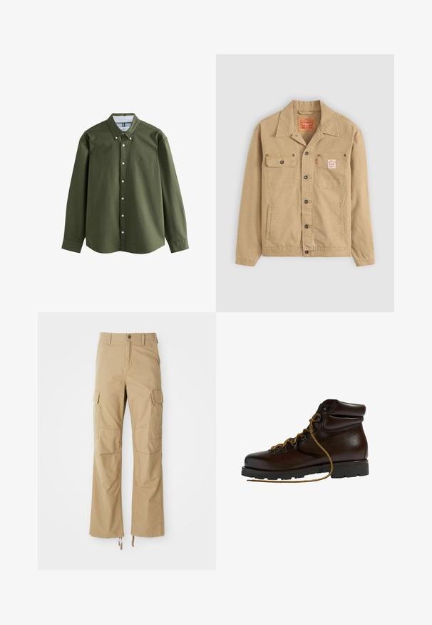 Levi's® Workwear SUNRISE TRUCKER - Let jakke / Sommerjakker - tiger's eye; Olivengrøn langærmet skjorte med button-down krave, frontknapper og et lille broderet logo. Blødt stof med struktureret design.; Khaki cargo bukser lavet af slidstærkt stof, der har flere sidelommer, en lige ben-design og justerbare snore i kanten.; Brun læder vandrestøvle med en afrundet tå, tekstureret overflade, gule snørebånd og metaløjer. Har en robust sort gummisål.