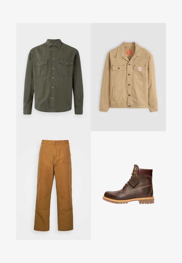 Levi's® Workwear SUNRISE TRUCKER - Leichte Jacke - tiger's eye; Kahki Langarmhemd aus Baumwolle. Mit Knopfverschluss vorne, zwei Brusttaschen mit Klappen und klassischem Kragen. Schlichtes Design.; Braune Baumwoll-Arbeitshosen mit geradem Bein, die über Vordertaschen und Metallakzente für zusätzliche Strapazierfähigkeit verfügen.; Braune Leder-Ankelstiefel mit runder Zehenpartie, robuster Sohle, goldfarbener Hardware und strukturiertem Obermaterial. Enthält ein angehängtes Logo-Tag.