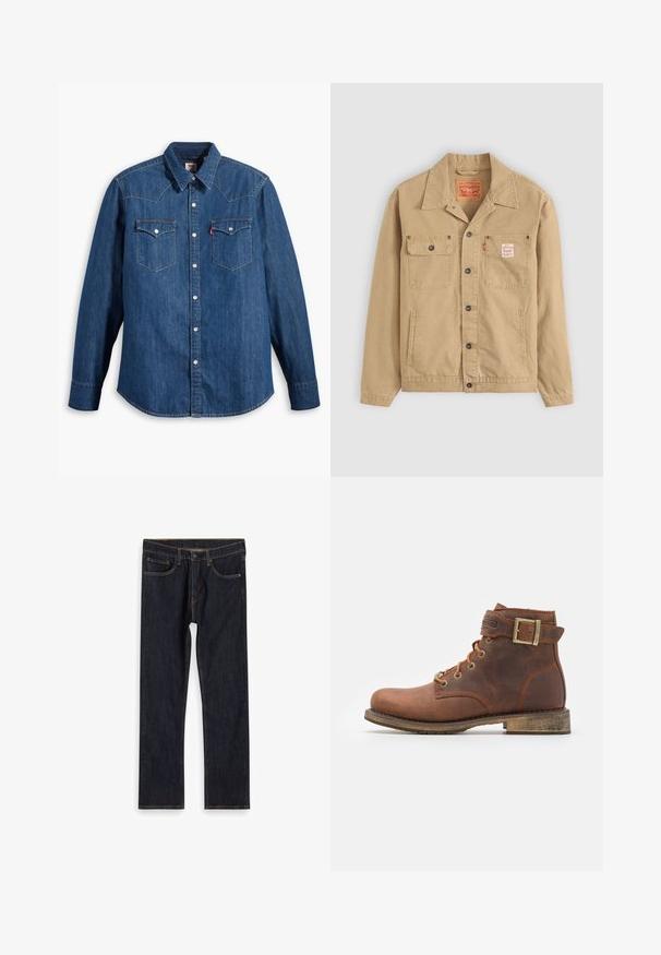 Levi's® Workwear SUNRISE TRUCKER - Let jakke / Sommerjakker - tiger's eye; Denim skjorte i mørkeblå med lange ærmer, spids krave og trykknapper. Har to brystlommer med klapper og kontrastsying.; Mørkeblå lige ben denim jeans med forlommer, bæltestropper og kontrast orange syninger, lagt fladt på hvid baggrund.; Harley Davidson VNTGMOTO SHORT RIDING APPROVED - Cowboy- / bikerstøvlette - brown