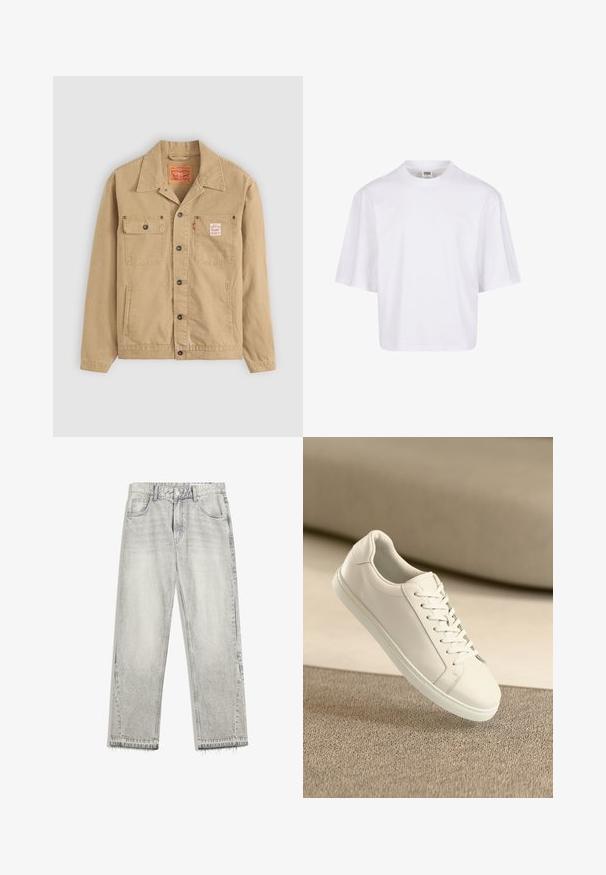 Levi's® Workwear SUNRISE TRUCKER - Let jakke / Sommerjakker - tiger's eye; Hvid t-shirt med korte ærmer, der har en rund halsudskæring og en afslappet pasform, lavet af et glat bomuldsblandingsstof. Ingen mønstre eller udsmykninger.; Lys grå denimjeans med en let falmet finish, lige pasform, fem-lomme design og flosset søm. Flad taljebånd med bælteløkker.; Hvide lædersneakers med hvide snørebånd, præsenteret på en beige tekstureret overflade og med en blødt uskarp baggrund.
