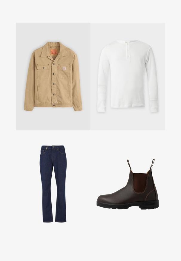 Levi's® Workwear SUNRISE TRUCKER - Lichte jas - tiger's eye; Wit thermal shirt met lange mouwen, ronde hals en drieknopenbies, plat weergegeven op een lichte achtergrond.; Donkerblauwe rechte jeans van denim met voorste knoop en rits, met voor- en achterzakken en zichtbare stikseldetails.; Bruine leren Chelsea-laars met elastisch zijpaneel, bruine stiksels, trekriempjes en een duurzame rubberen zool met een gestructureerd patroon.