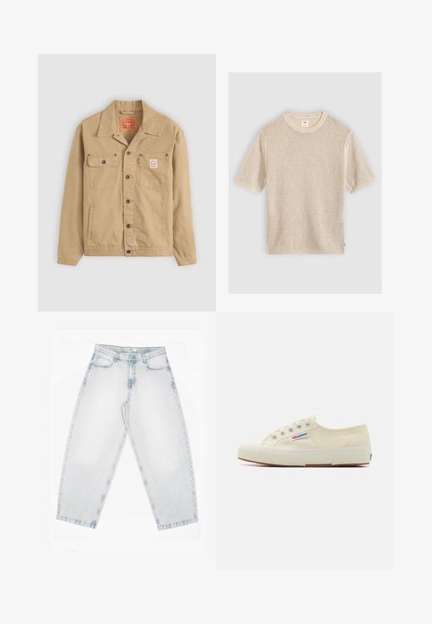 Levi's® Workwear SUNRISE TRUCKER - Lichte jas - tiger's eye; Beige gebreide trui met korte mouwen en een ronde hals met een gestructureerd opengeweven patroon, plat gelegd op een lichte achtergrond.; Lichtgewassen spijkerbroek met een hoge taille, rechte, wijde pijpen, knoop- en ritssluiting en voor- en achterzakken.; Beige canvas sneaker met een laag profiel, metalen oogjes en rubberen zool. Beschikt over een textuurpatroon en logodetail aan de zijkant.
