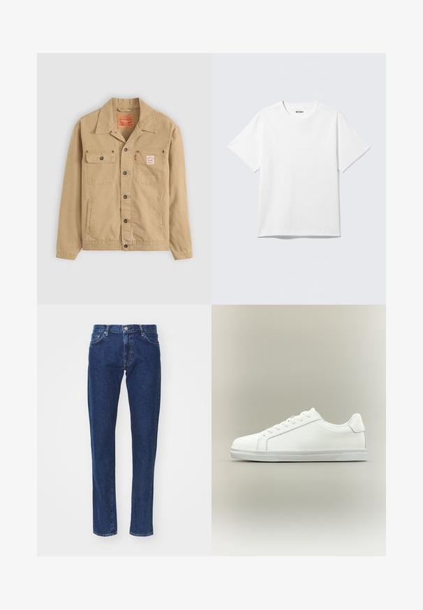 Levi's® Workwear SUNRISE TRUCKER - Veste légère - tiger's eye; T-shirt blanc à manches courtes et col rond, étalé à plat, design uni, avec l'étiquette "WEEKDAY" à l'intérieur du col sur un fond clair.; Jean en denim bleu foncé avec une coupe droite, design à cinq poches, fermeture à bouton en métal et détails de coutures claires.; Baskets blanches basses à lacets sur l'avant avec semelle en caoutchouc texturée, sur fond neutre uni.