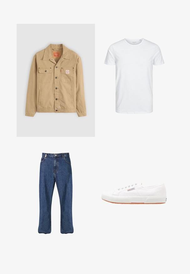 Levi's® Workwear SUNRISE TRUCKER - Letná bunda - tiger's eye; Tričko s okrúhlym výstrihom a krátkym rukávom v čistej bielej farbe, vyrobené z jemnej bavlny, má jednoduchý dizajn bez viditeľných vzorov alebo akcentov.; Džínsy v tmavomodrej farbe s rovnými nohavicami, klasickým päť vreckovým štýlom a viditeľným prešívaním pozdĺž švov.; Biele plátnené tenisky s gumovou podrážkou, s šnurovacím dizajnom a malou logo nálepkou na boku. Štruktúrovaný biely zvršok a hnedá podrážka.