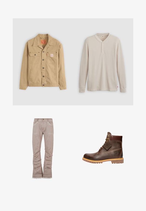 Levi's® Workwear SUNRISE TRUCKER - Leichte Jacke - tiger's eye; Langärmliges Henley-Shirt aus leicht beigem Rippstoff mit V-Ausschnitt, Knopfleiste mit drei Knöpfen und angeschnittenen Ärmeln. Roter Logo-Tag am Saum.; Helle beige Corduroyhose mit lockerer Passform, großen Fronttaschen, seitlicher Raffung und fransigen Säumen für einen strukturierten Look.; Braune Leder-Ankelstiefel mit runder Zehenpartie, robuster Sohle, goldfarbener Hardware und strukturiertem Obermaterial. Enthält ein angehängtes Logo-Tag.