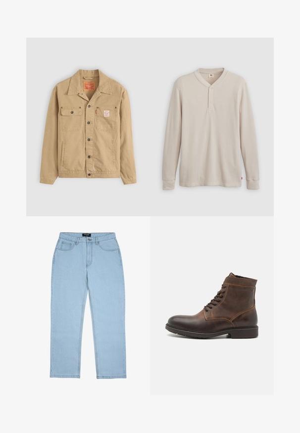 Levi's® Workwear SUNRISE TRUCKER - Lichte jas - tiger's eye; Lange mouwen henley-shirt in lichtbeige ribbelstof, met een V-hals, een drieknoopsluiting en manchetten. Rode logo-label aan de onderkant.; Lichtblauwe jeans met rechte pijpen, voorzakken, riemlussen, knoopsluiting en zichtbare stikdetails.; Jack & Jones JFWDELANEY BOOT - Veterboots - cognac