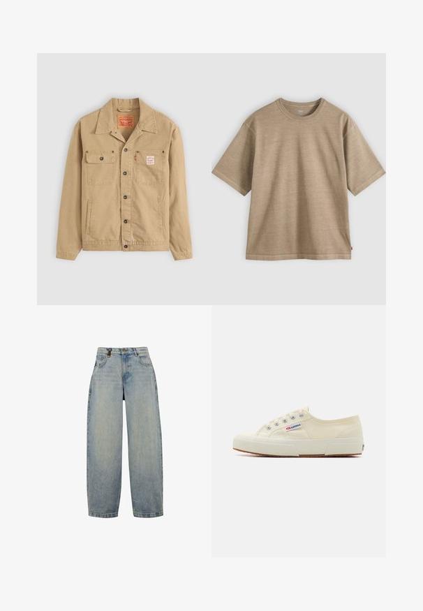 Levi's® Workwear SUNRISE TRUCKER - Veste légère - tiger's eye; T-shirt en coton beige à manches courtes avec col rond et coupe décontractée, présenté sur un fond gris clair uni.; Jean en denim bleu clair avec une coupe décontractée, dotée d'une taille haute, de jambes larges, d'un design classique à cinq poches et d'accents matériels en métal.; Baskets en toile beige au design épuré, œillets en métal et semelle en caoutchouc. Présente un motif texturé et un détail de logo sur le côté.