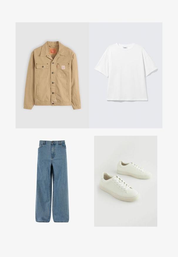 Levi's® Workwear SUNRISE TRUCKER - Letná bunda - tiger's eye; Biele oversize tričko s krátkym rukávom a okrúhlym výstrihom s padnutými ramenami, položené na svetlošedom pozadí.; Džínsy s širokými nohavicami vo svetlom modrom odtieni. Majú zapínanie na gombík a zips, päť vreciek a vyblednutú textúru pre klasický vzhľad.; Biele tenisky vyrobené z textúrovaného syntetického materiálu, s okrúhlou špičkou, na šnurovanie a s mierne zvýšenou gumovou podrážkou.
